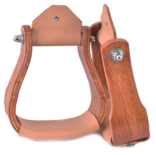 22168: Showman ® Curved Teakwood wooden stirrups with Leather tread Stirrups Showman