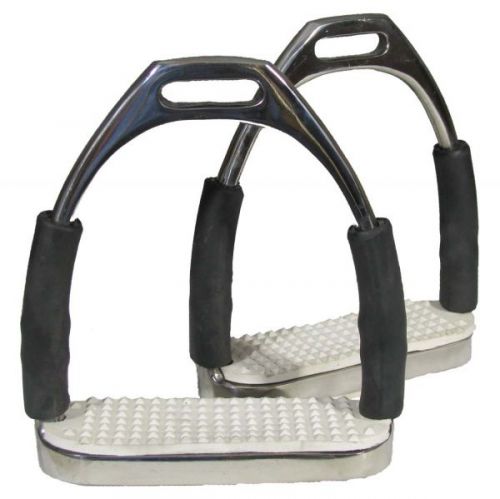 2221: 4 1/4" Stainless steel flex English iron Stirrups Showman Saddles and Tack