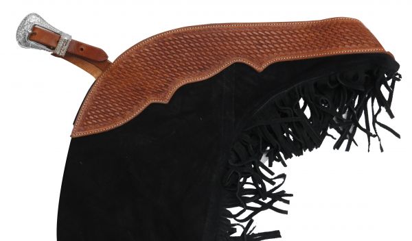 2444: Showman® Suede leather chaps with basket tooled trim accented with engraved concho and buckl Leather Chinks Showman