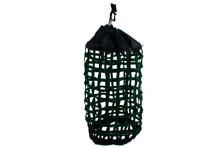 24822: X-Large, Easy Fill, Nylon Webbed Slow Feed Hay Bag with Draw String Top Closure Hay Feeder Showman Saddles and Tack Hunter Green