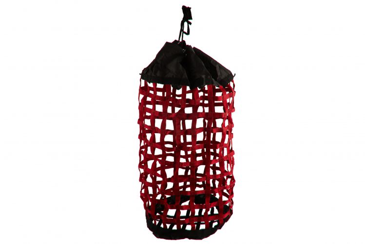 24822: X-Large, Easy Fill, Nylon Webbed Slow Feed Hay Bag with Draw String Top Closure Hay Feeder Showman Saddles and Tack Red