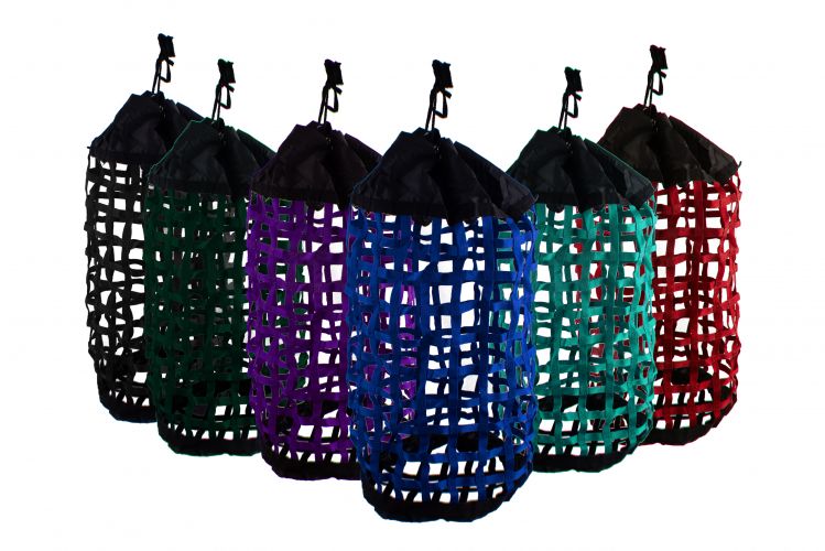24822: X-Large, Easy Fill, Nylon Webbed Slow Feed Hay Bag with Draw String Top Closure Hay Feeder Showman Saddles and Tack