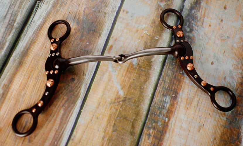 254041Q: Showman™ brown steel snaffle bit with engraved copper studs and silver accents on the che Bits Showman