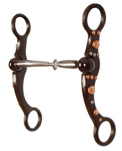 254041Q: Showman™ brown steel snaffle bit with engraved copper studs and silver accents on the che Bits Showman