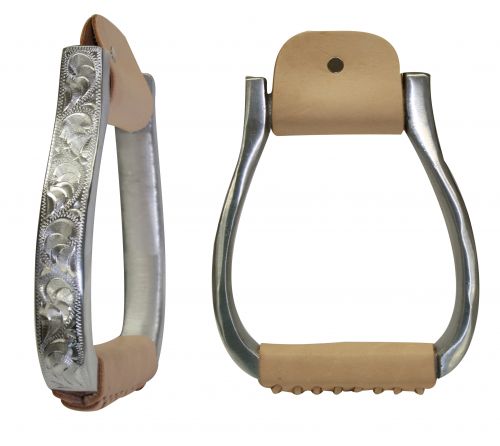 254560: Polished aluminum engraved barrel stirrups Stirrups Showman Saddles and Tack