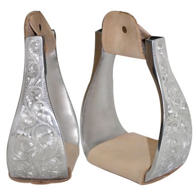 254580: Polished aluminum bell engraved stirrups with 3" neck, 4 Stirrups Showman Saddles and Tack