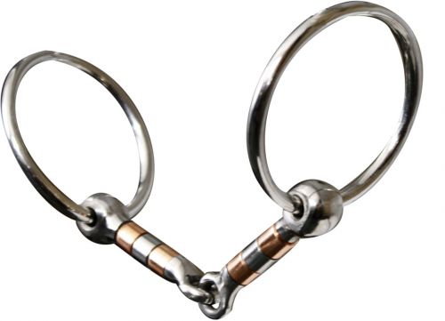 255642: Showman™ stainless steel snaffle with 5" mouth with copper and stainless rollers Bits Showman