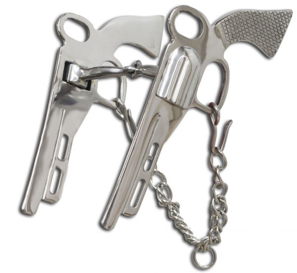 25674: Showman ® 5" Stainless steel snaffle bit with pistol cheeks Bits Showman