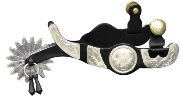 257990: Showman™ Black Steel Jingle Bob Spur with Silver Engraved Accents Western Spurs Showman