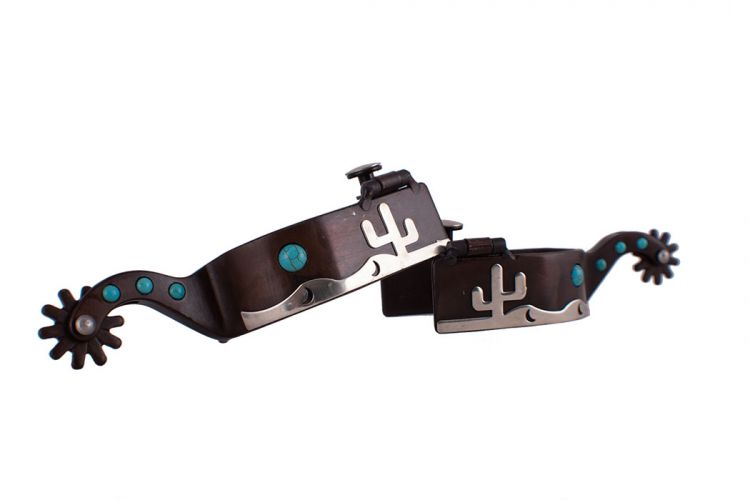 2589942Q: Showman ® Men's size brown steel spur with silver desert overlay and teal marble studs Western Spurs Showman