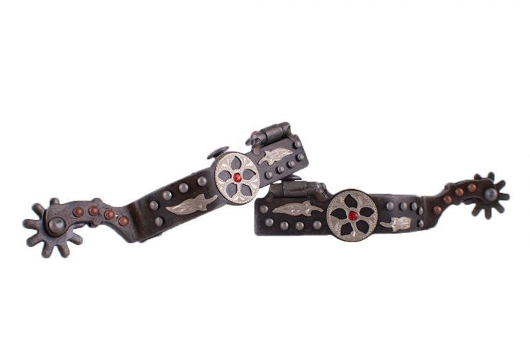 2590062LHJ: Showman ® Antique gray steel spur with copper and silver studs and silver engraved ove Western Spurs Showman