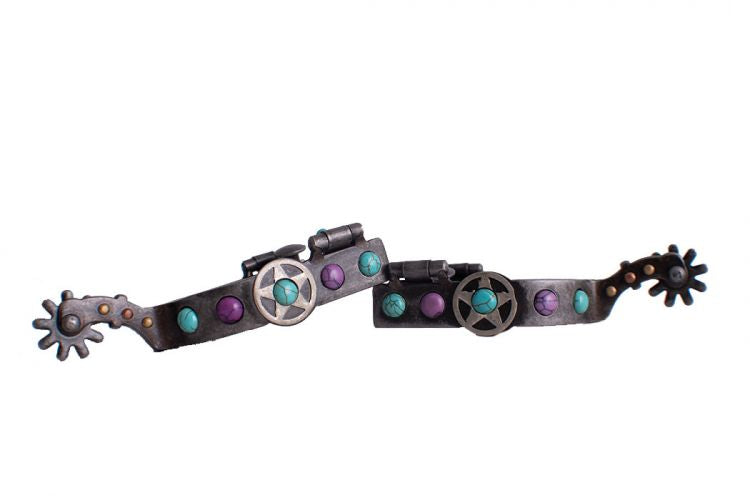 2590063LHJ: Showman ® Antique gray steel spur with purple and teal marble studs and Texas star des Western Spurs Showman