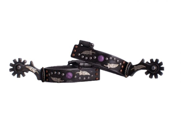 2590101LHJ: Showman ® Antique gray steel spur with purple marble studs and silver and copper studs Western Spurs Showman