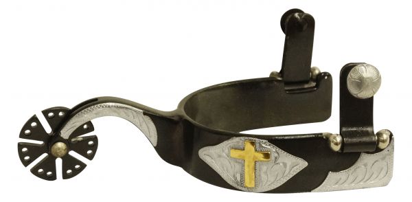 259801: Showman ® Men's Black steel spur with gold cross overlay Western Spurs Showman