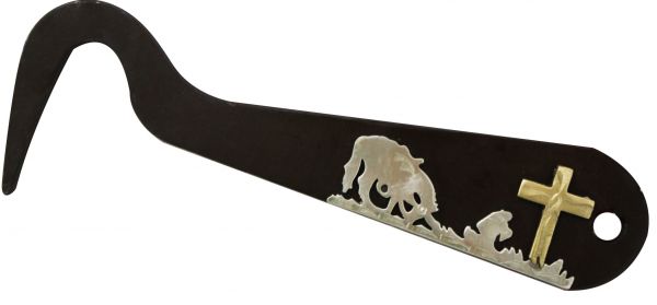 26114: Praying cowboy brown steel silver engraved hoof pick Hoof Showman Saddles and Tack
