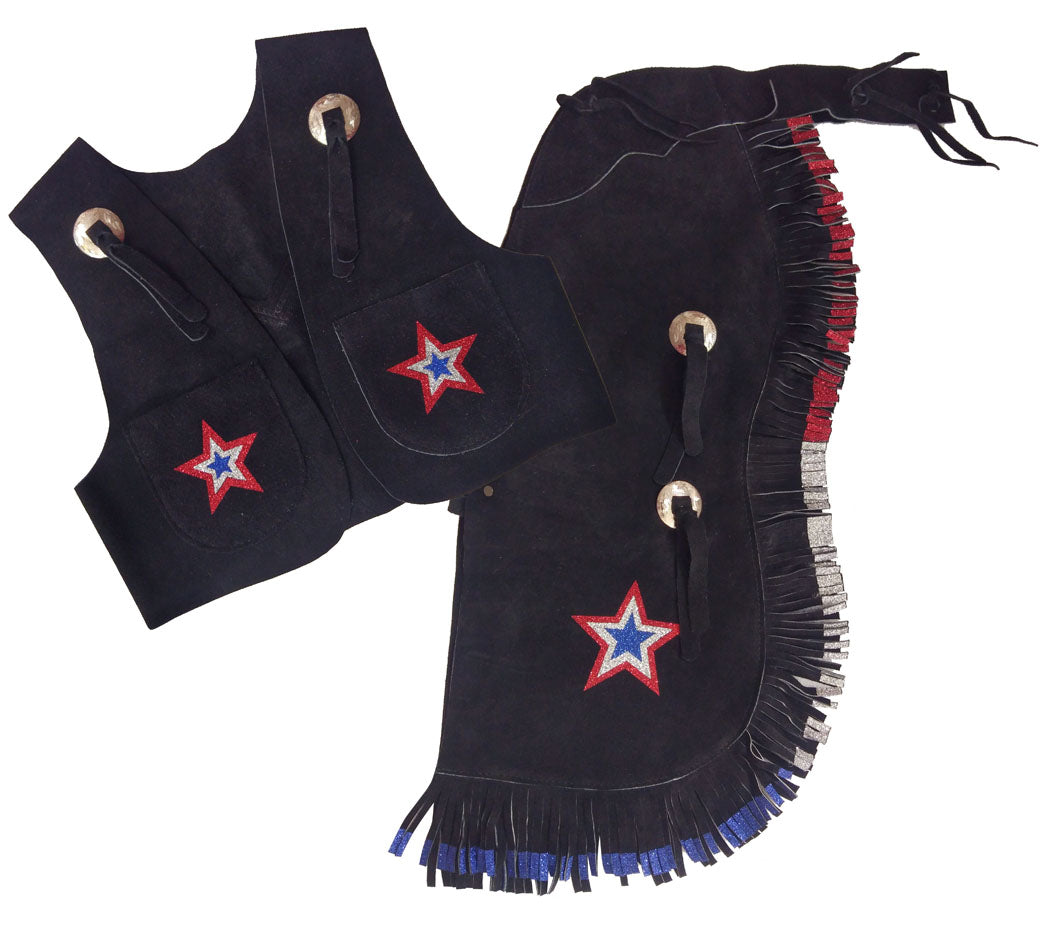 26119: Showman® Black kid's size suede leather chap and vest outfit with fringe and glitter stars Leather Chinks Showman