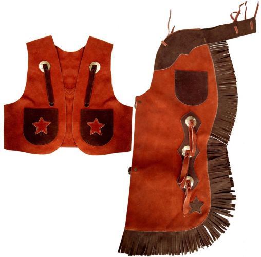 26123: Showman® Two Toned Brown kid's size suede leather chap and vest outfit with fringe Leather Chinks Showman