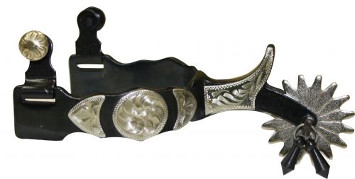284070: Showman™ Black Steel Jingle Bob Spur with Silver Engraved Accents Western Spurs Showman
