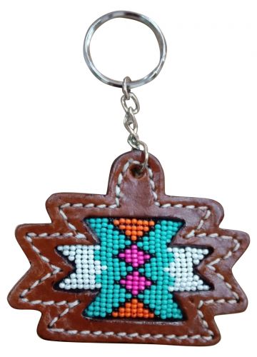28531: Showman ® Leather Aztec key chain with multi colored beaded Aztec inlay Primary Showman