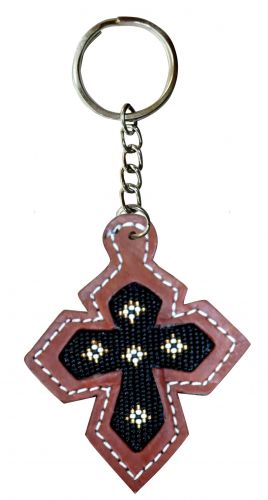 28534: Showman ® Leather cross key chain with black beaded inlay Primary Showman