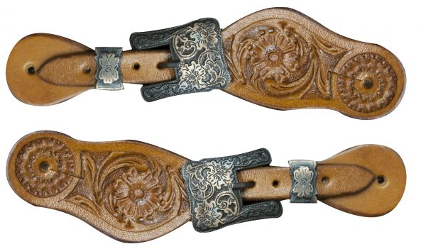 30696: Showman ® Youth size floral tooled spur straps with engraved antiqued brass buckles Spur Straps Showman