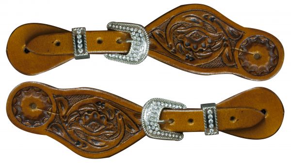 30700: Showman ® Youth size floral tooled spur straps with crystal rhinestone buckles Spur Straps Showman
