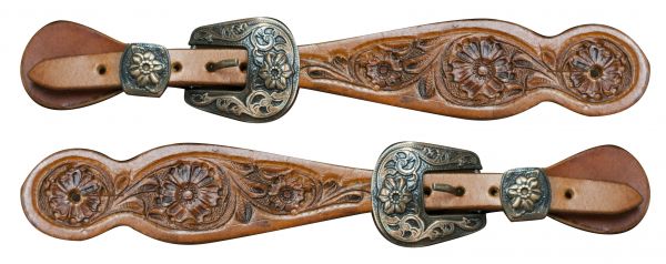 30704: Showman ® Ladies size floral tooled spur straps with engraved antique brass buckles Spur Straps Showman