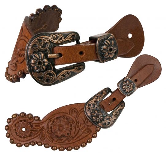 30723: Showman ® Ladies size floral tooled spur straps with antique engraved brushed copper buckle Spur Straps Showman   