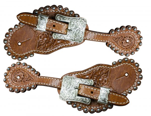 30724: Showman ® floral tooled spur straps with engraved silver buckles Spur Straps Showman