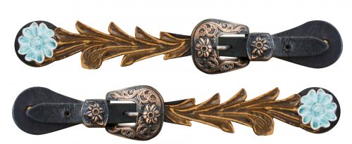 30727: Showman ® Adult size Cut out tooled spur straps with teal painted daisy Spur Straps Showman