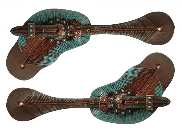 30738: Showman® Teal and copper painted feather spur straps Spur Straps Showman