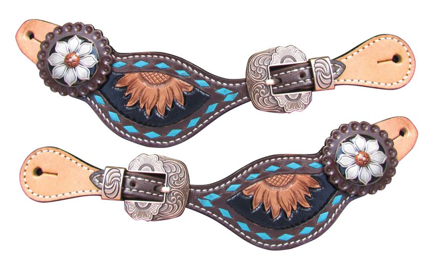 30924: Showman ® Ladies Sunflower Tooled Spur Straps Spur Straps Showman
