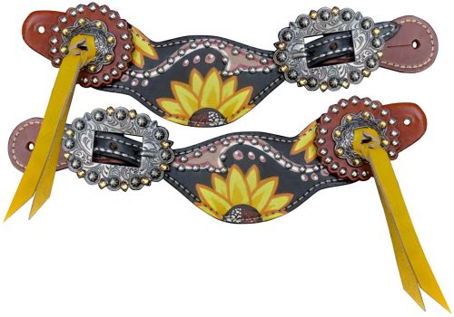 30930: Showman ® Ladies Yellow and Black Sunflower Hand Painted Spur Straps Spur Straps Showman