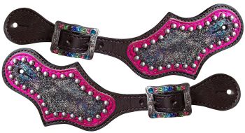 30968: Showman ® Ladies Rainbow Metallic spur straps with silver beading and pink metallic accent Spur Straps Showman