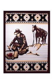 32479: Horse and rider campfire scene area rug with southwest border Primary Showman Saddles and Tack