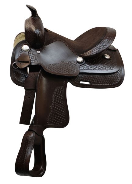 324912: 12" Economy western saddle with basket weave tooling and silver conchos Youth Saddle Showman Saddles and Tack