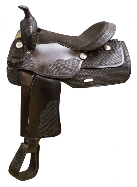 325716: 16" Economy western saddle with basket weave tooling Primary Showman Saddles and Tack