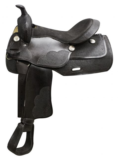 325716: 16" Economy western saddle with basket weave tooling Primary Showman Saddles and Tack