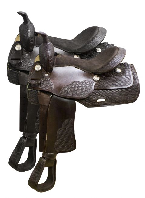 325716: 16" Economy western saddle with basket weave tooling Primary Showman Saddles and Tack