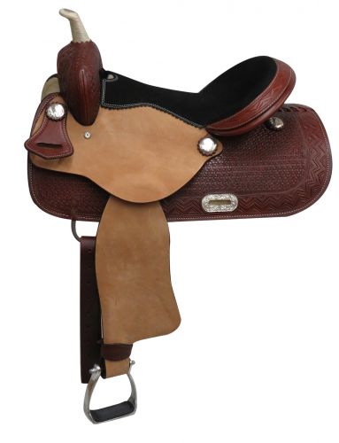 3262: 14", 15",16" Economy style western saddle with basket weave tooling Primary Showman Saddles and Tack