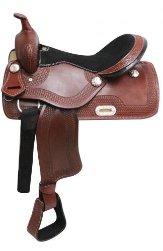 3263: 16" Economy style western saddle with basket weave tooling Primary Showman Saddles and Tack