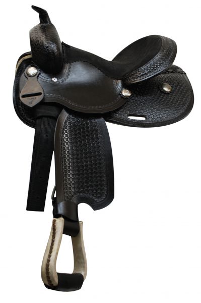 326712: 12" Economy western saddle with basket weave tooling and silver conchos Youth Saddle Showman Saddles and Tack