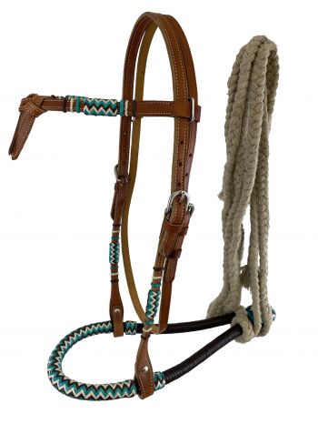 3310: Showman™ Fine quality teal and black rawhide core show bosal with a cotton mecate rein Headstall Showman