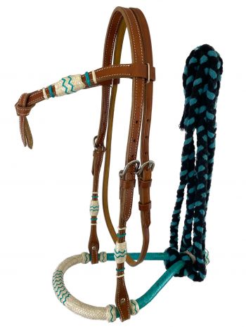 3313: Showman™ Fine quality teal and natural rawhide core show bosal with a cotton mecate rein Headstall Showman