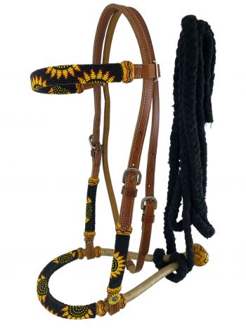 3314: Showman® Leather bosal headstall with sunflower design beaded overlays and black cotton meca Headstall Showman