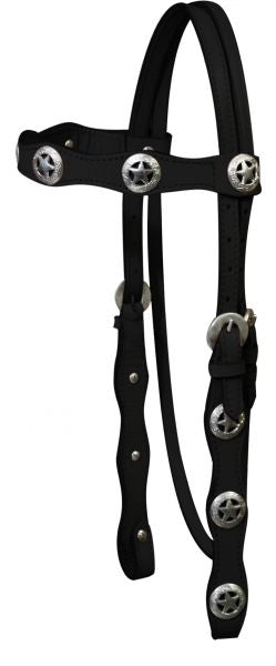 4007: Double stitched leather headstall with silver texas star conchos on browband and cheeks Primary Showman Saddles and Tack