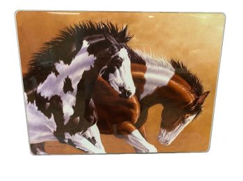 40148: Glass Cutting board- Paint Horse Running Scene Primary Showman Saddles and Tack