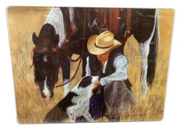 40151: Glass Cutting board, featuring Horse and Rider w/ Dog Primary Showman Saddles and Tack