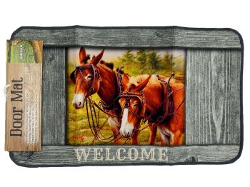 40157: 30"x17" Mule Team "Welcome" Mat with PVC Backing, these vibrant print mats featuring beauti Primary Showman Saddles and Tack