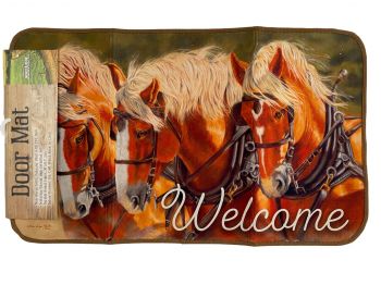 40158: 30"x17" Draft Horse Pulling Team "Welcome" Mat with PVC Backing, these vibrant print mats f Primary Showman Saddles and Tack